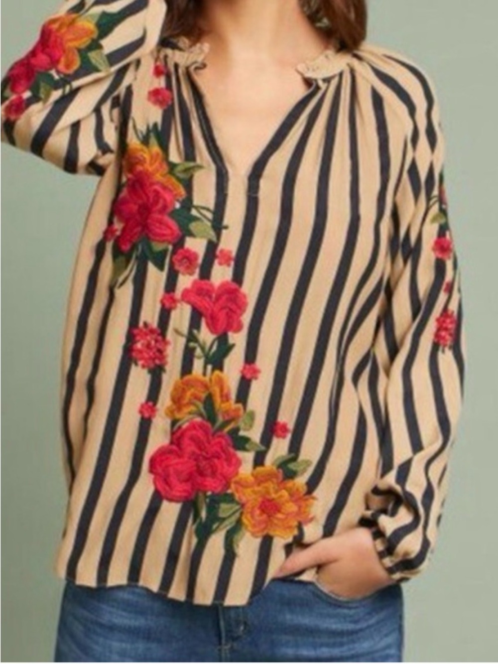 Akemi + Kim by Anthropologie Manuela Embroidered Striped Blouse - Multi, Size M